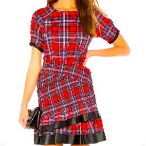 Tanya Taylor Red Tartan dress with ruffles and leather trim- Size 4